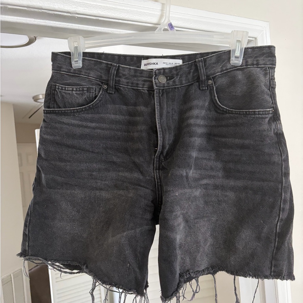 Bershka Charcoal Washed Denim Cutoff Shorts